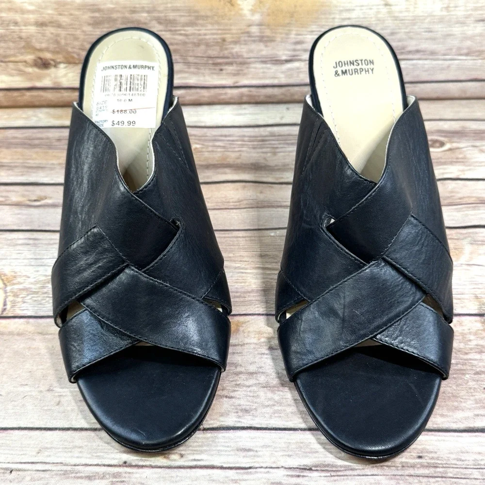 Johnston & Murphy Womens Black Woven Leather High Heel Mule Slip On Shoes 10M